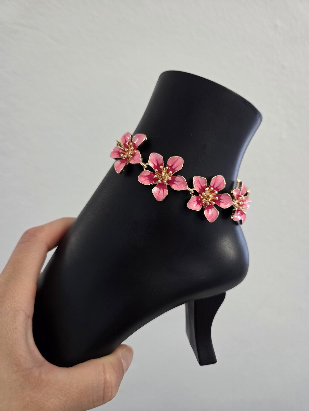 Pink Floral Enamel Gold Tone Anklet Statement Beach Jewelry - Picture 6 of 11